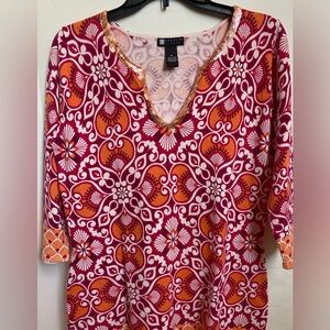 Carol Little Sequin Neck Tunic Top Medium Pink Orange 3/4 Sleeve